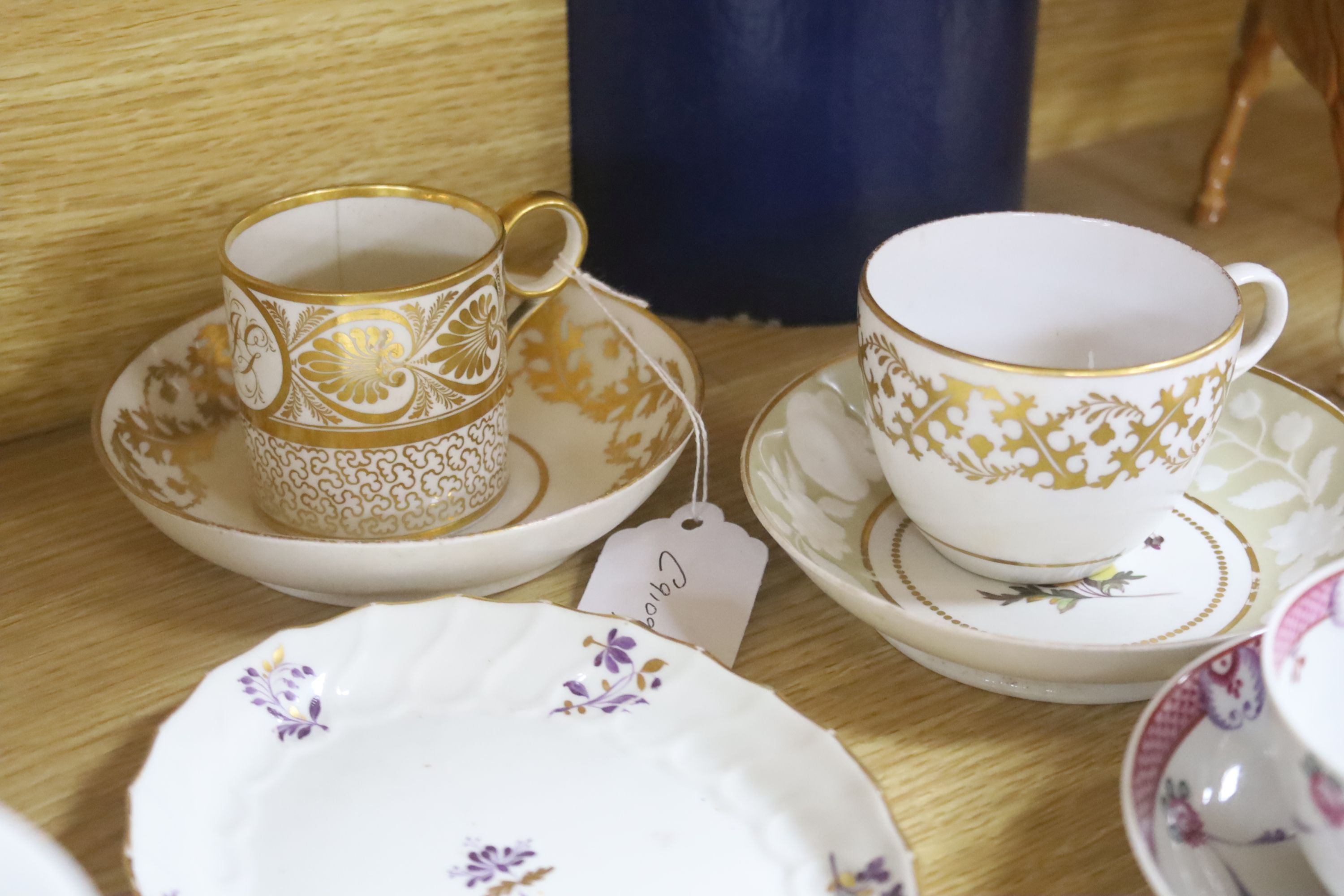 A Worcester blue and white saucer and 18th century porcelain tea wares